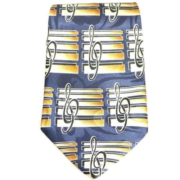 Steven Harris Tie Necktie Music Musical Notes Band Blue Tan Gold Hand Made - Picture 10 of 10